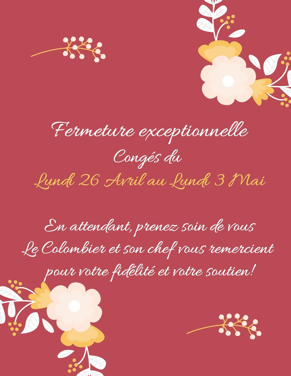 Congés jusqu&rsquo;au lundi 3/05/2021 inclus
